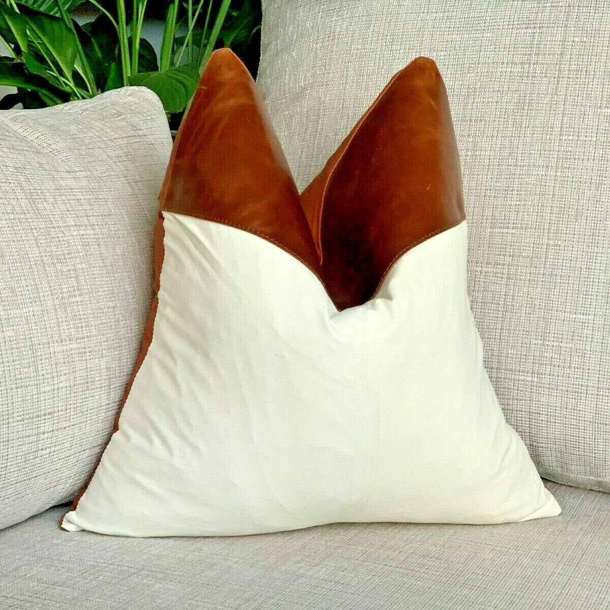 100% Tan Leather Cushion Cover - Bright White
