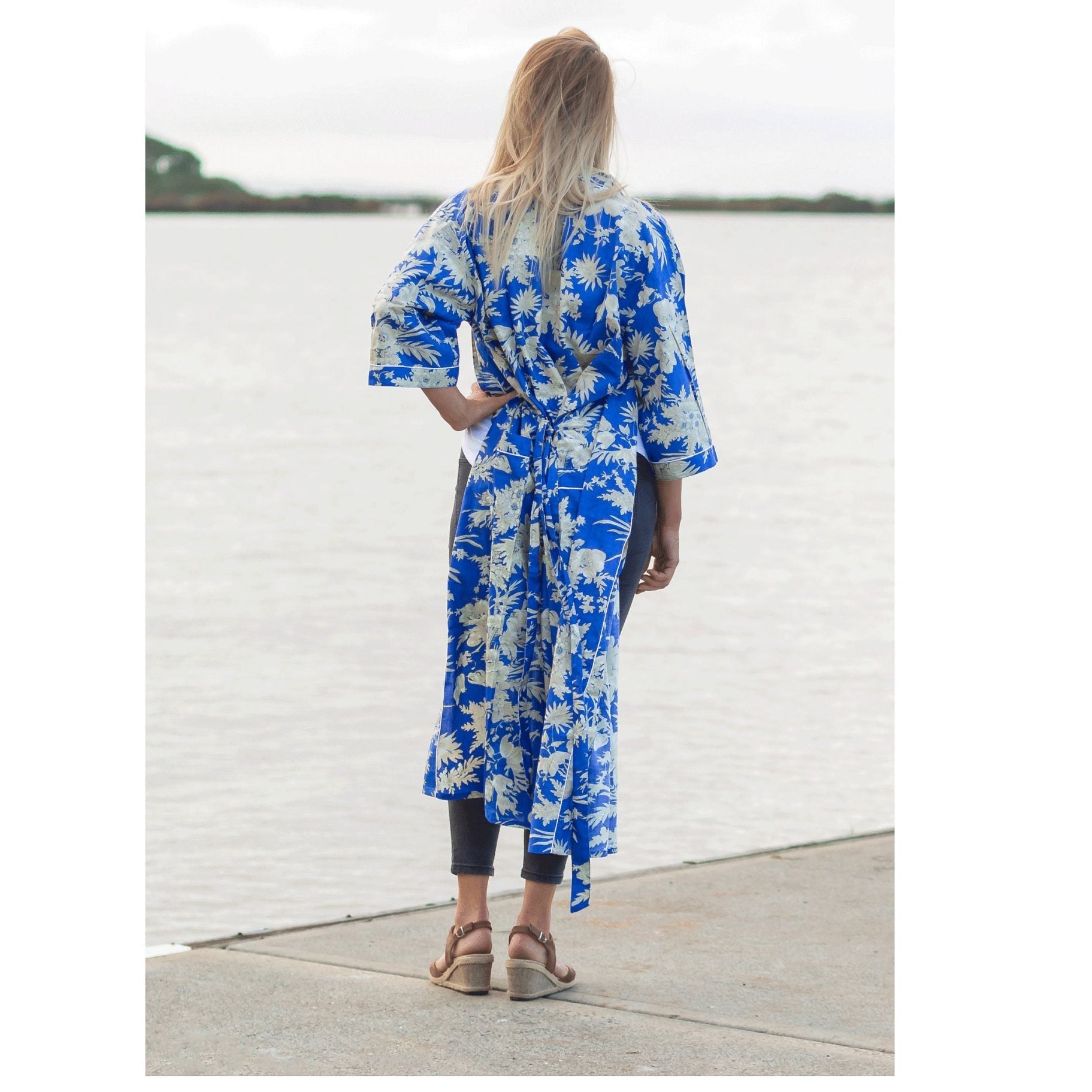 'Boho Blue' Kimono 100% Cotton Bathrobe