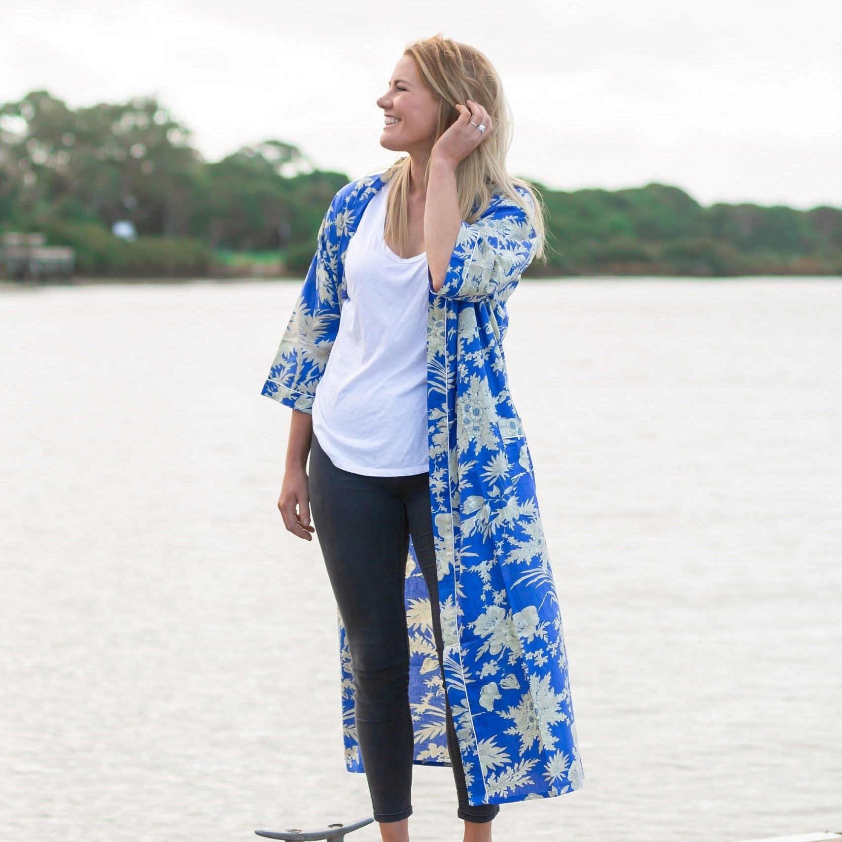 'Boho Blue' Kimono 100% Cotton Bathrobe