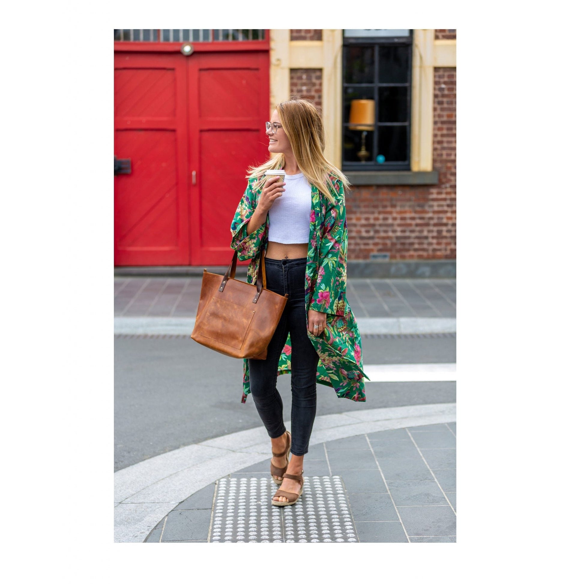 'Emerald Foliage' Kimono' 100% Cotton Bathrobe