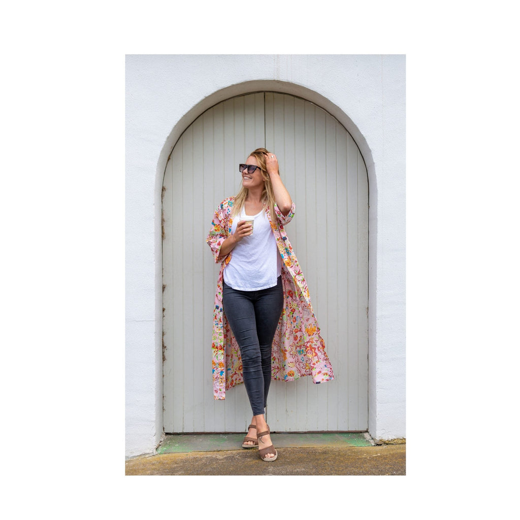 'Peachy Petals' Kimono' 100% Cotton Bathrobe