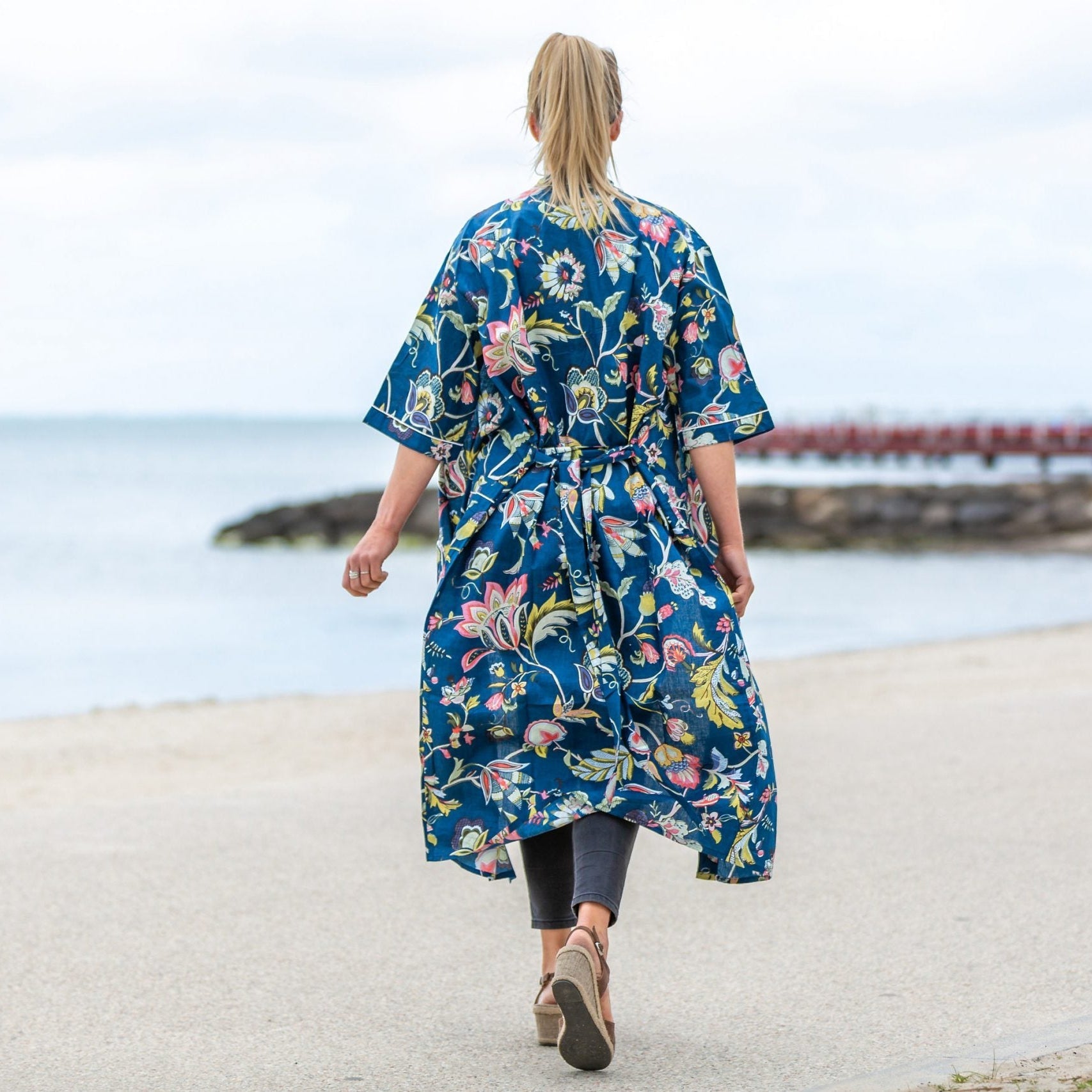'Blue Petals' Kimono 100% Cotton Bathrobe