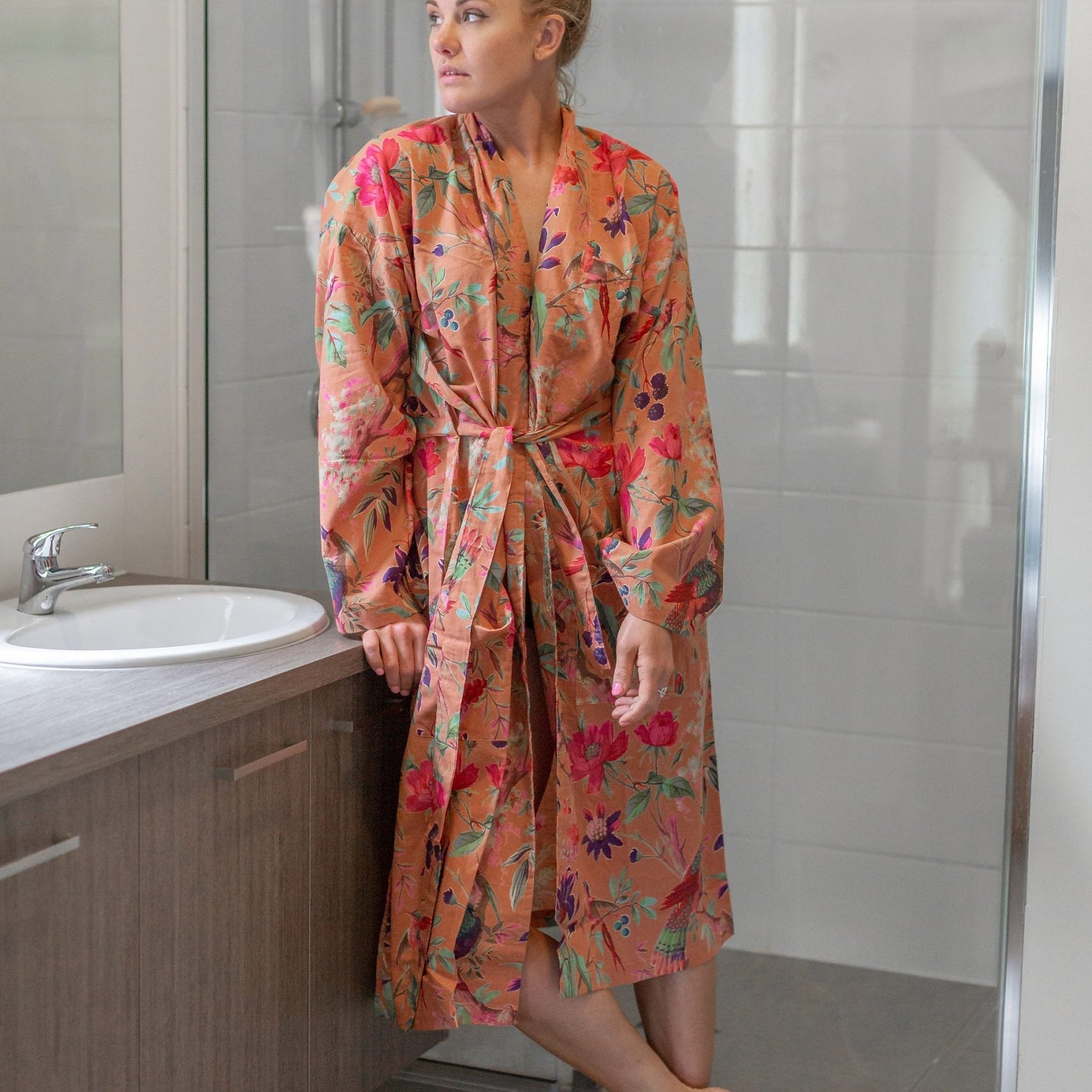 'Sunset Birdsong' Kimono' 100% Cotton Bathrobe