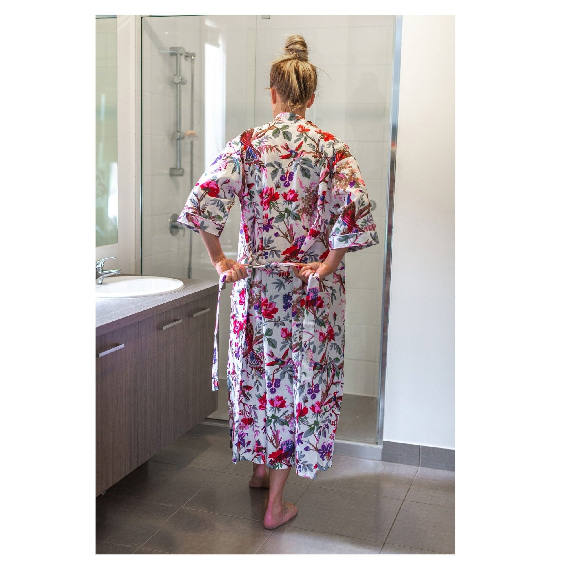'Ivory Aviary' Kimono' 100% Cotton Bathrobe