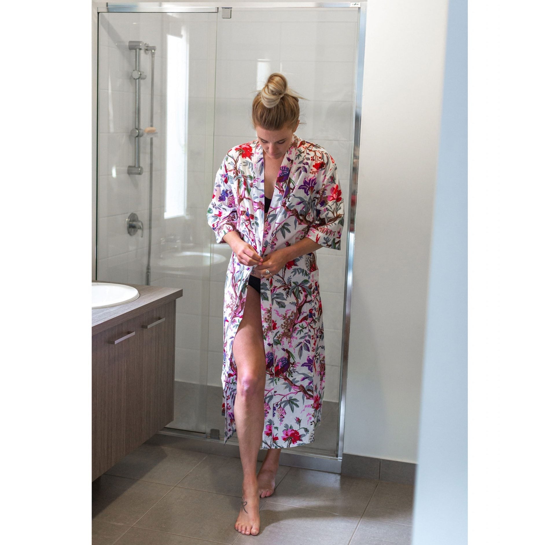 'Ivory Aviary' Kimono' 100% Cotton Bathrobe