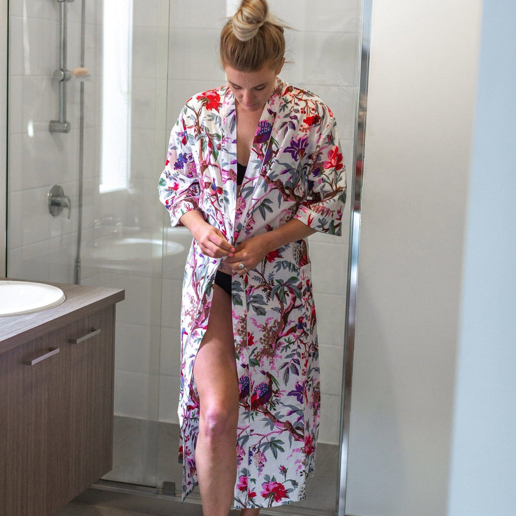 'Ivory Aviary' Kimono' 100% Cotton Bathrobe
