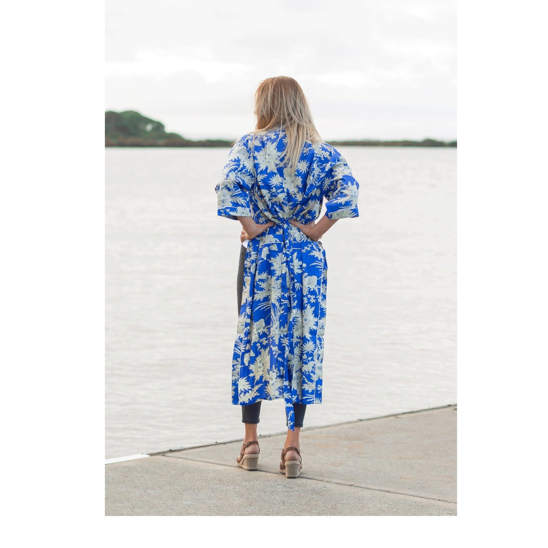 'Boho Blue' Kimono 100% Cotton Bathrobe