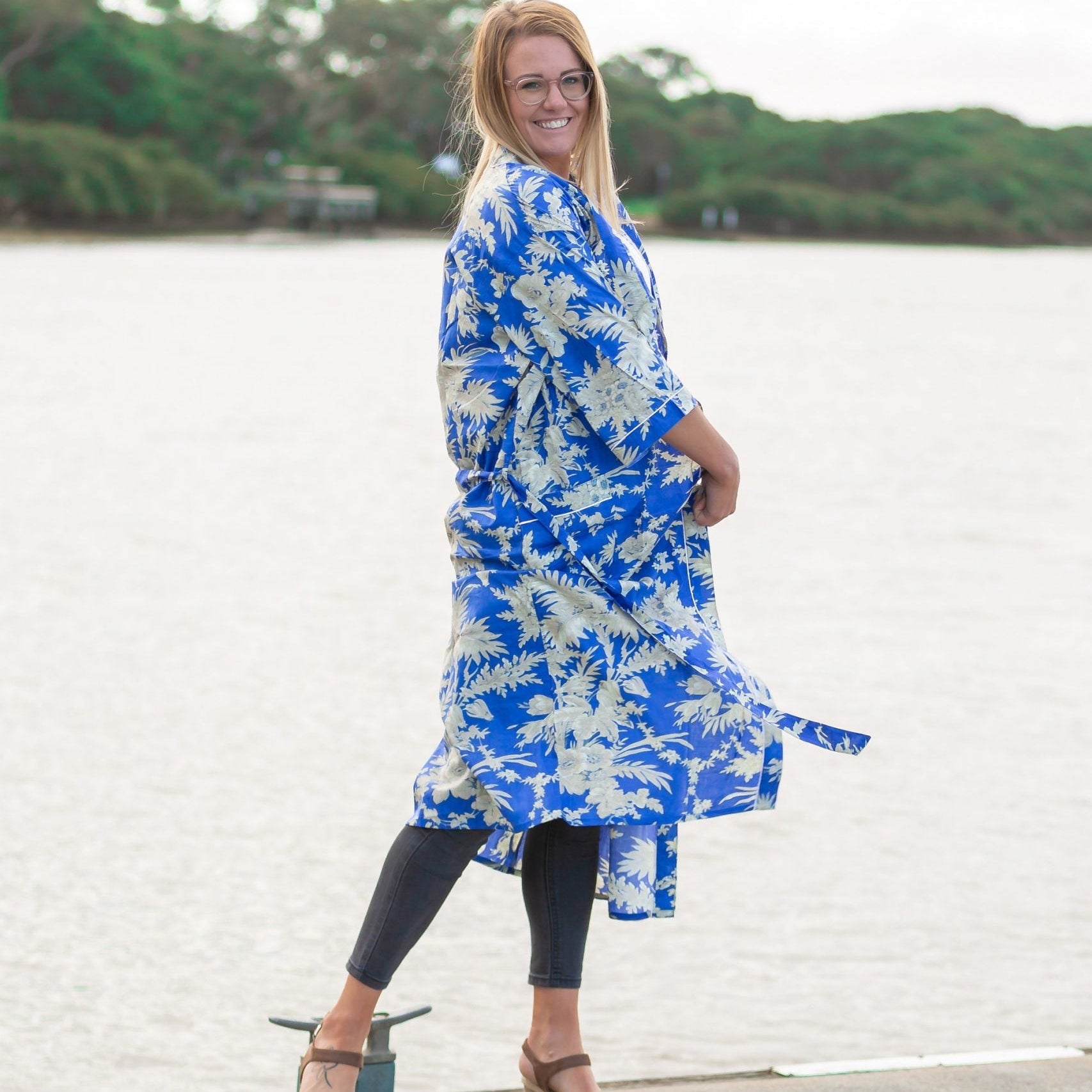 'Boho Blue' Kimono 100% Cotton Bathrobe