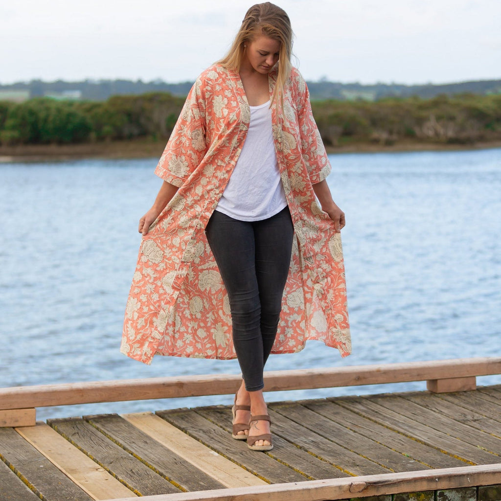 'Blushing Sunset Petal' Kimono' 100% Cotton Bathrobe