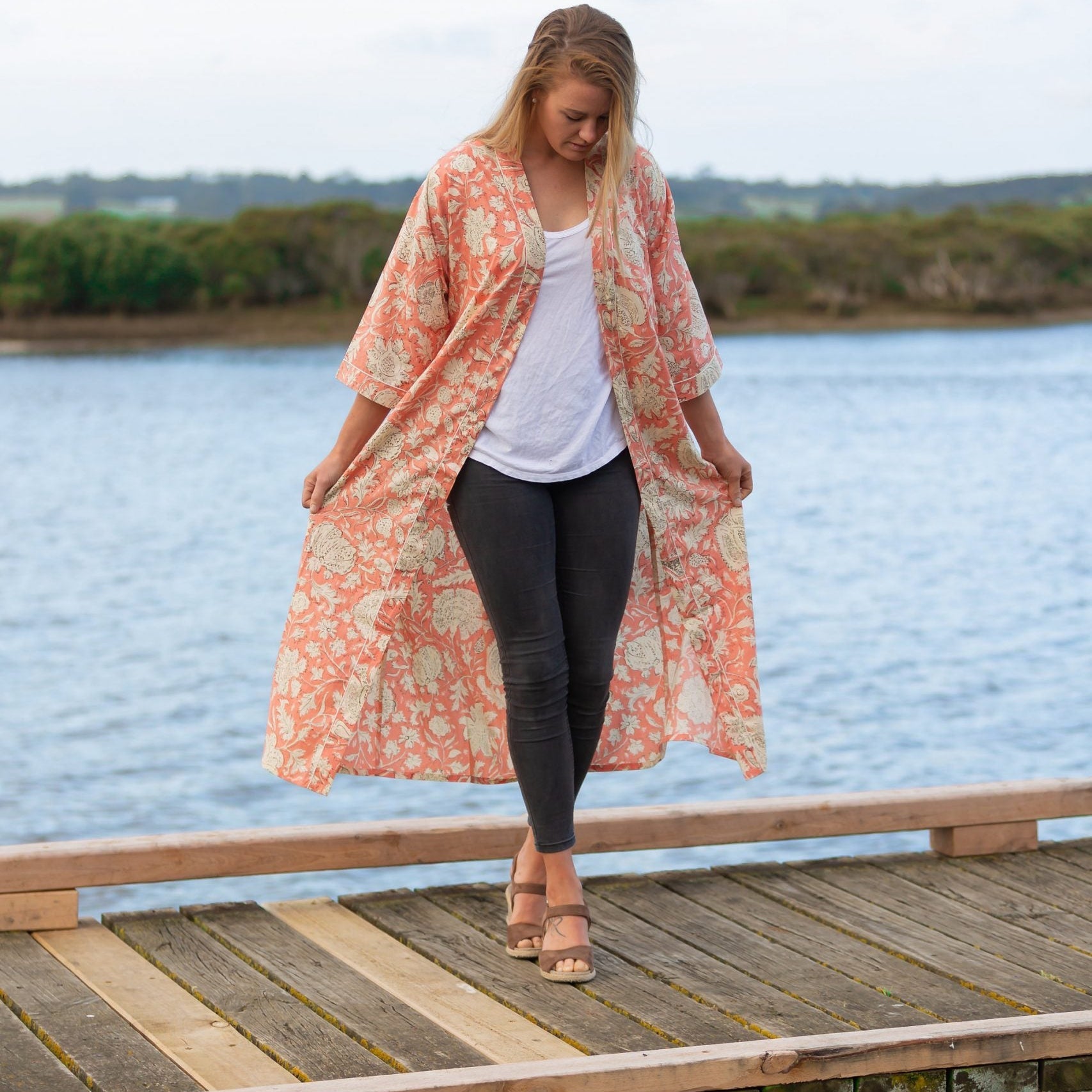 'Blushing Sunset Petal' Kimono' 100% Cotton Bathrobe