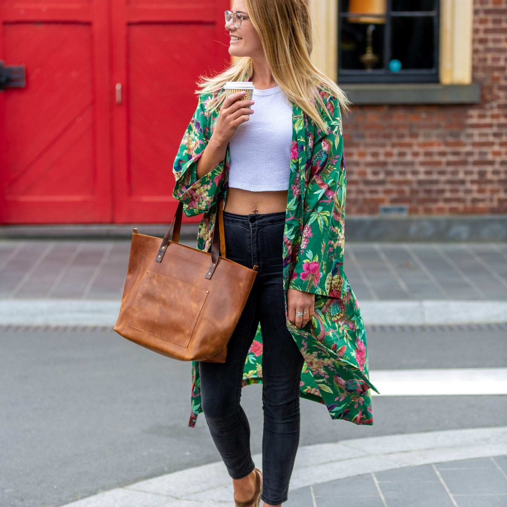 'Emerald Foliage' Kimono' 100% Cotton Bathrobe