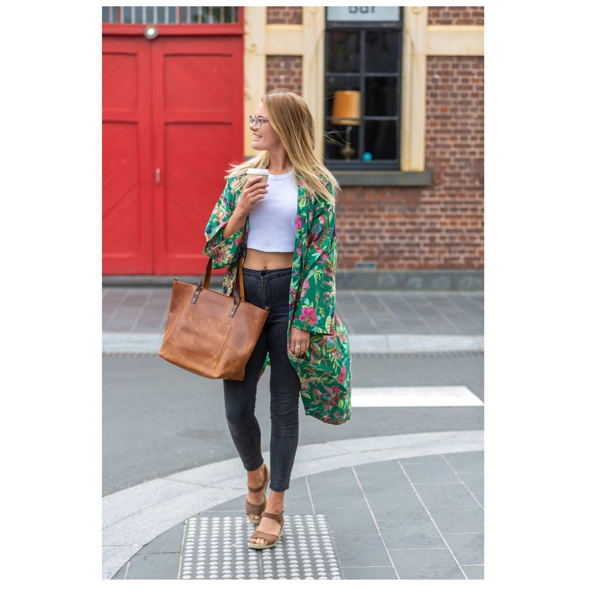 'Emerald Foliage' Kimono' 100% Cotton Bathrobe