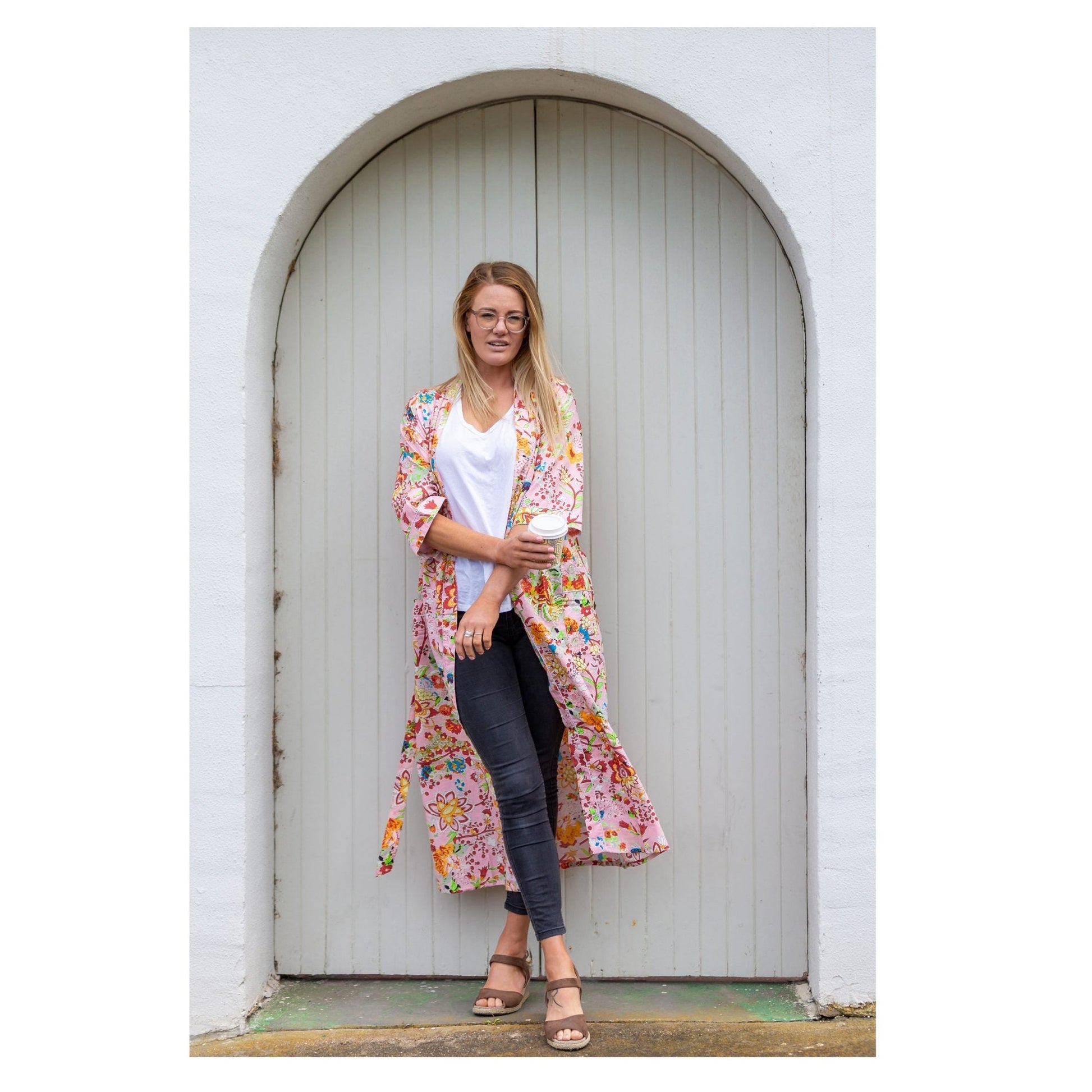 'Peachy Petals' Kimono' 100% Cotton Bathrobe
