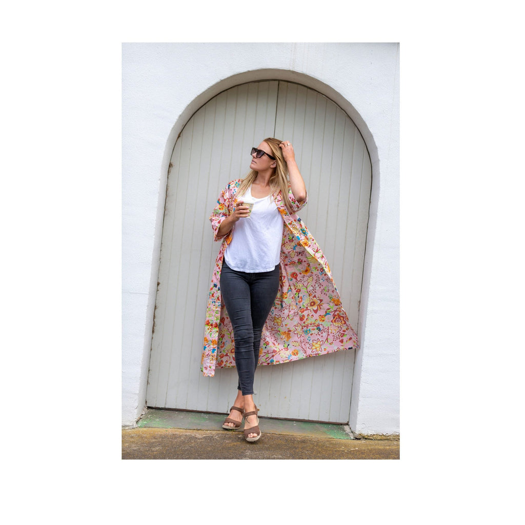 'Peachy Petals' Kimono' 100% Cotton Bathrobe