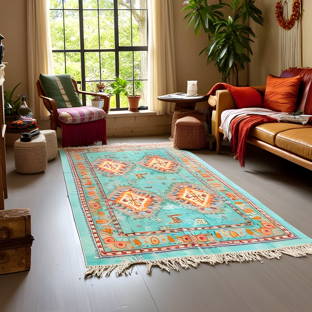 Bohemian Turquoise Tribal Rug – 120x180cm Handwoven Cotton Accent