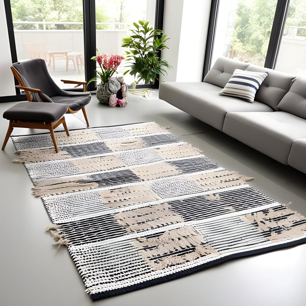 Scandinavian Handwoven Cotton Rug – Neutral Geometric Patchwork