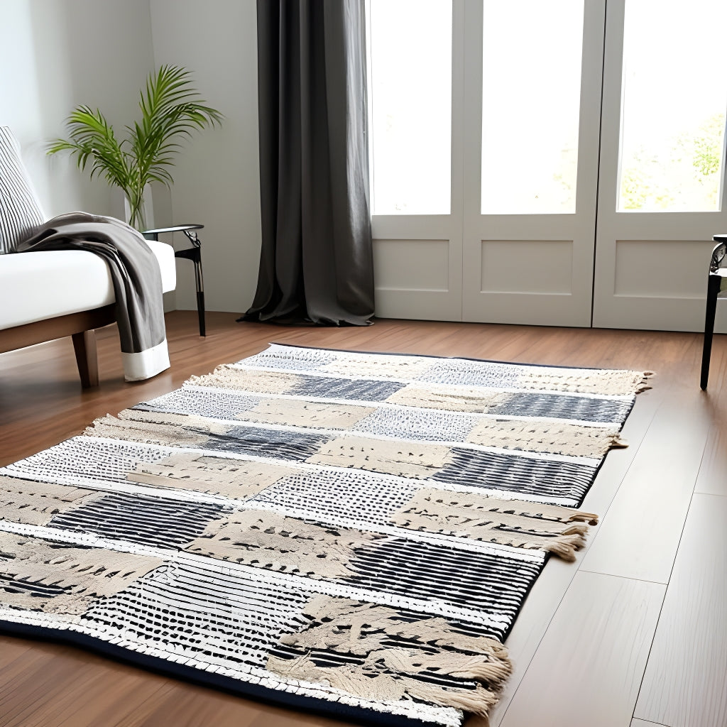 Scandinavian Handwoven Cotton Rug – Neutral Geometric Patchwork