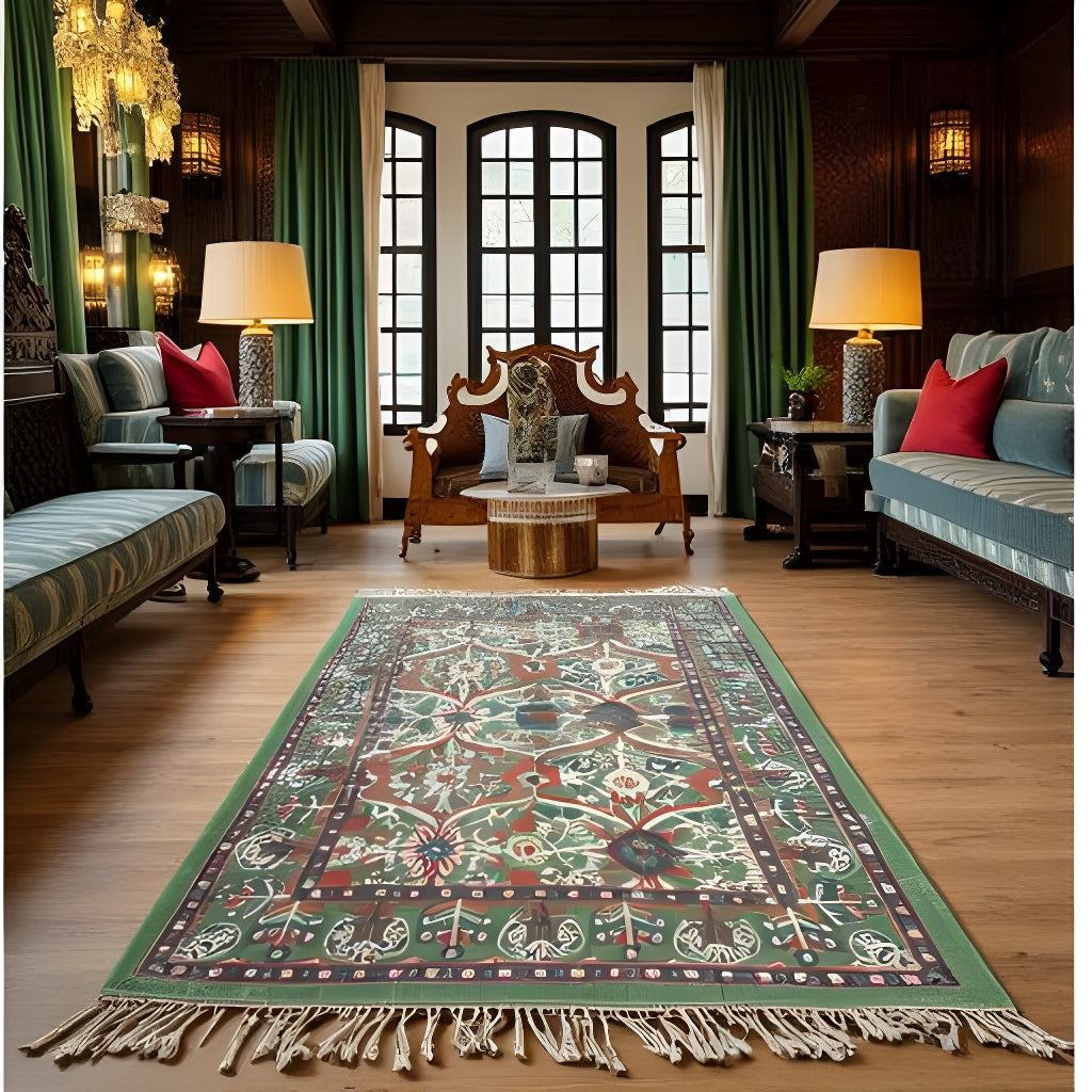 Mughal-Inspired Botanical Rug – 120x180cm Flatweave Cotton, Artisan-Made