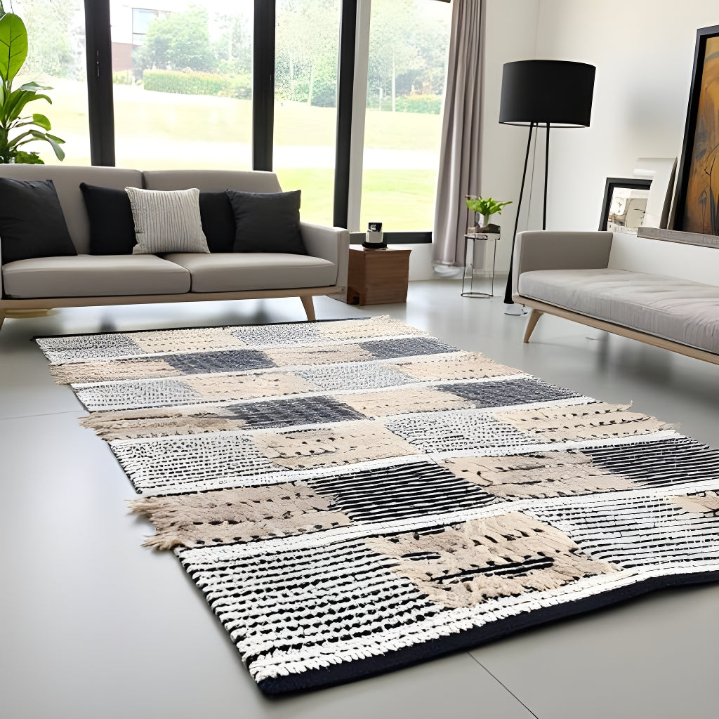 Scandinavian Handwoven Cotton Rug – Neutral Geometric Patchwork