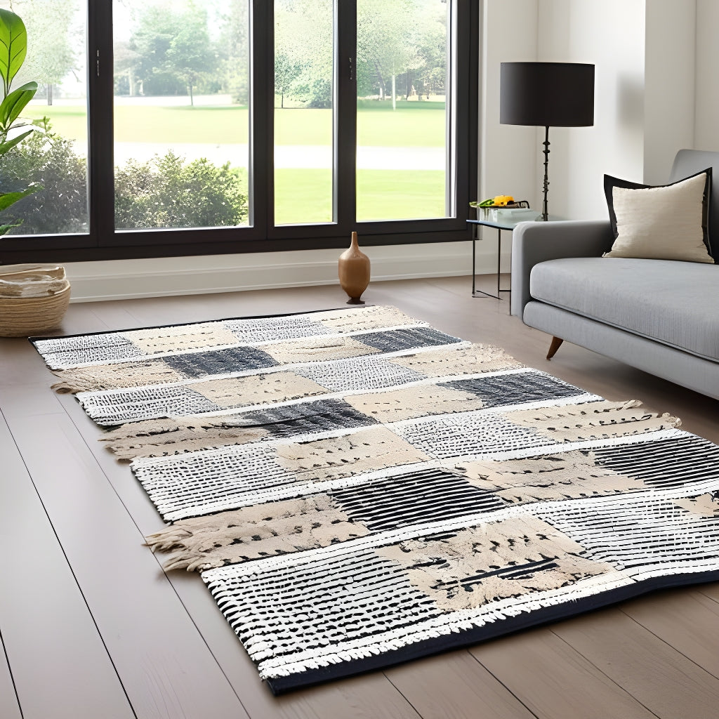 Scandinavian Handwoven Cotton Rug – Neutral Geometric Patchwork