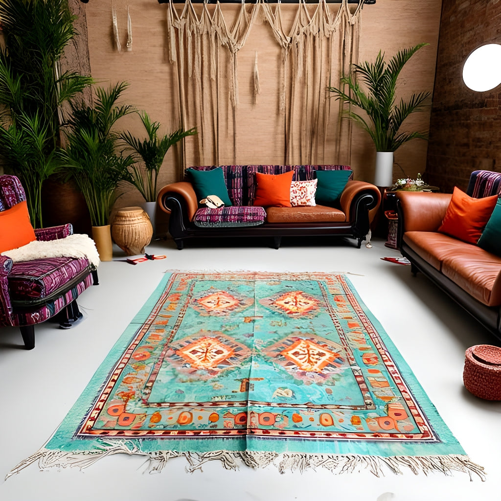 Bohemian Turquoise Tribal Rug – 120x180cm Handwoven Cotton Accent