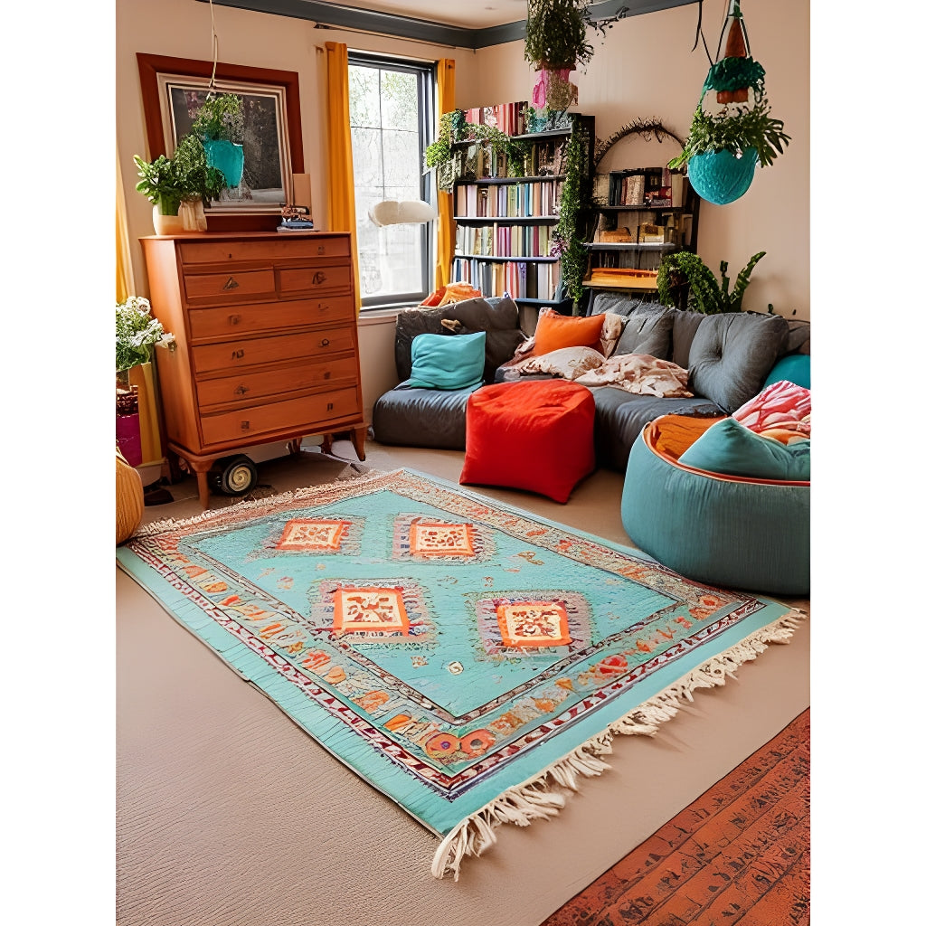 Bohemian Turquoise Tribal Rug – 120x180cm Handwoven Cotton Accent