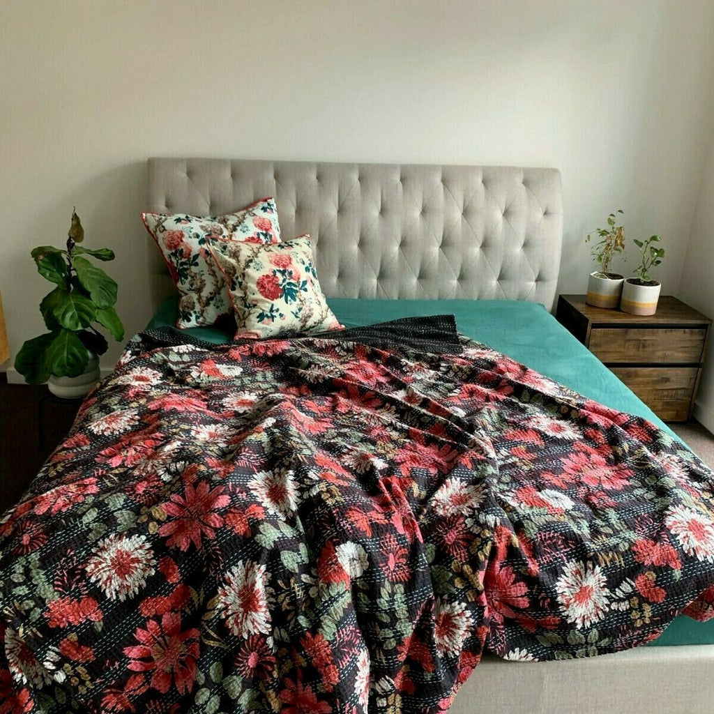 Linen Connections Handmade Indian Kantha Quilt - Blooming Bee