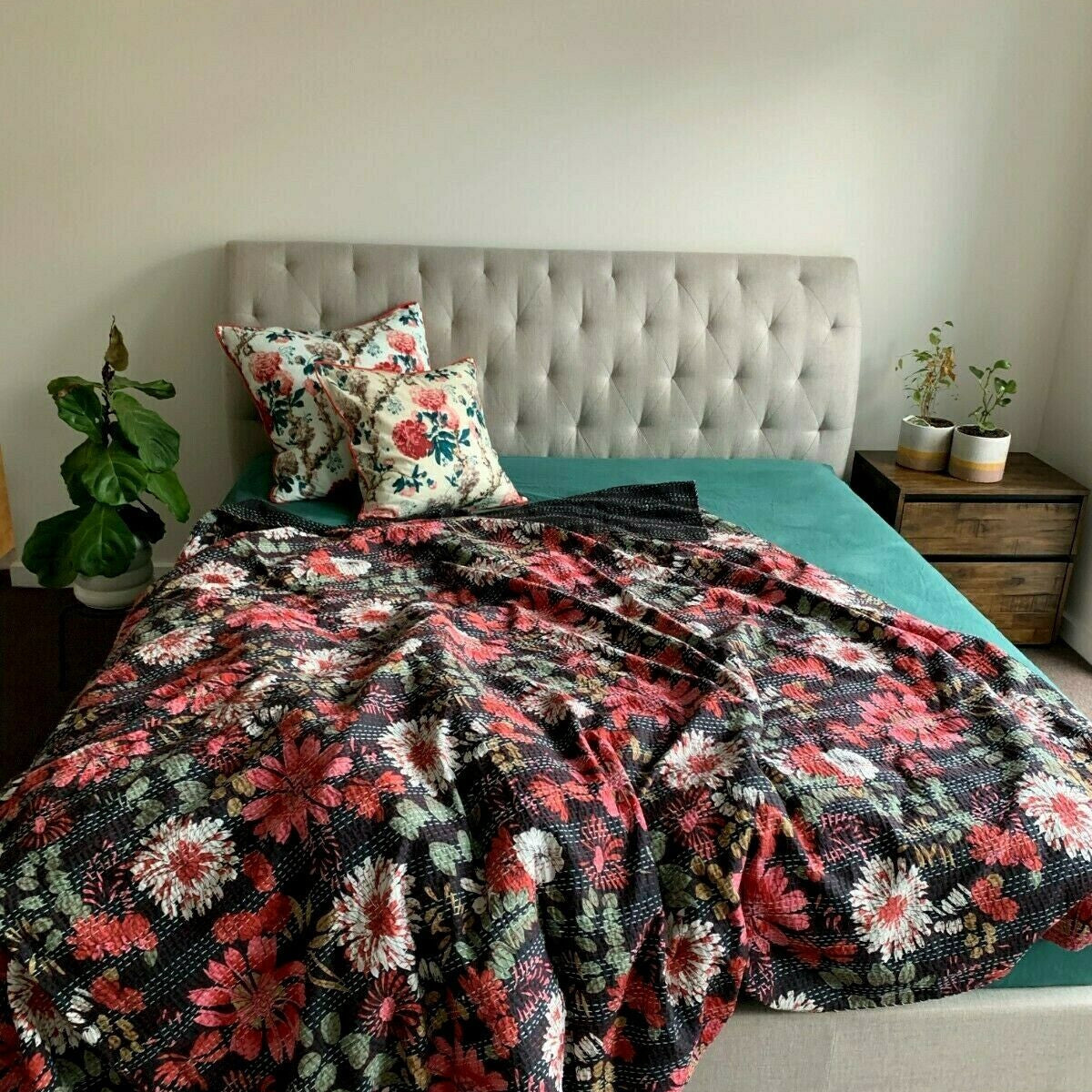 Linen Connections Handmade Indian Kantha Quilt - Blooming Bee